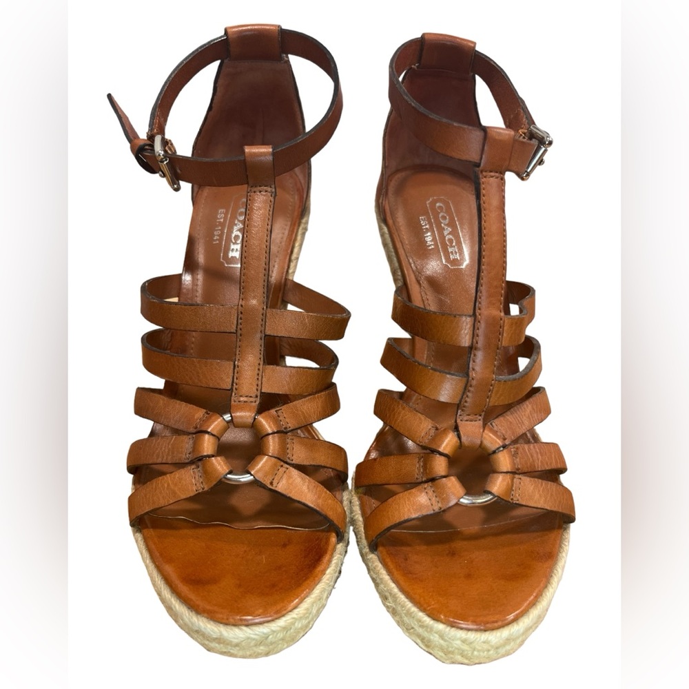 Coach Brown Leather Strappy Wedge Sandals